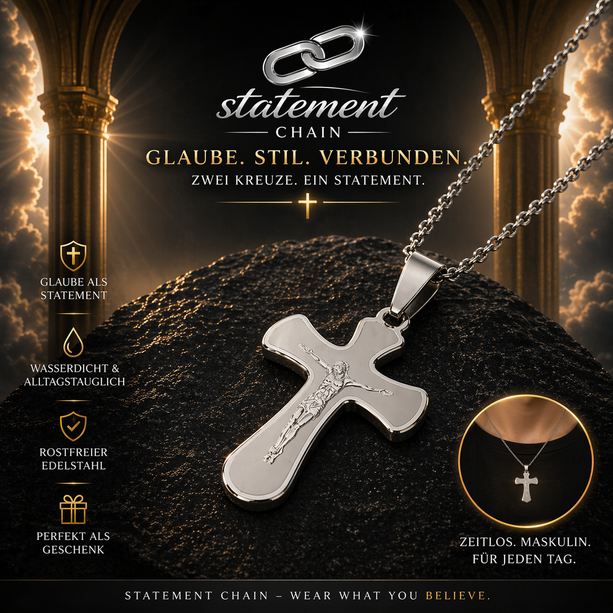 Statement-Chain Premium Edelstahl Kreuzketten.. Bekenne deinen Glauben!